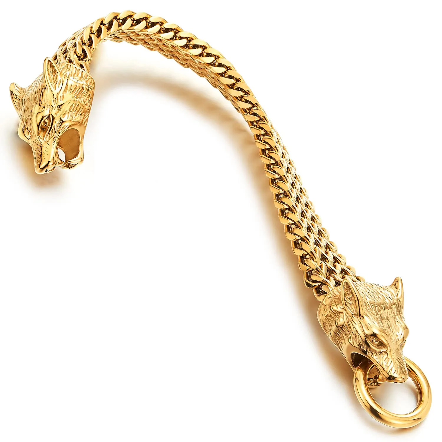 COOLSTEELANDBEYOND Biker Mens Stainless Steel Wolf Head Franco Link Curb Chain Bracelet with Spring Ring Clasp