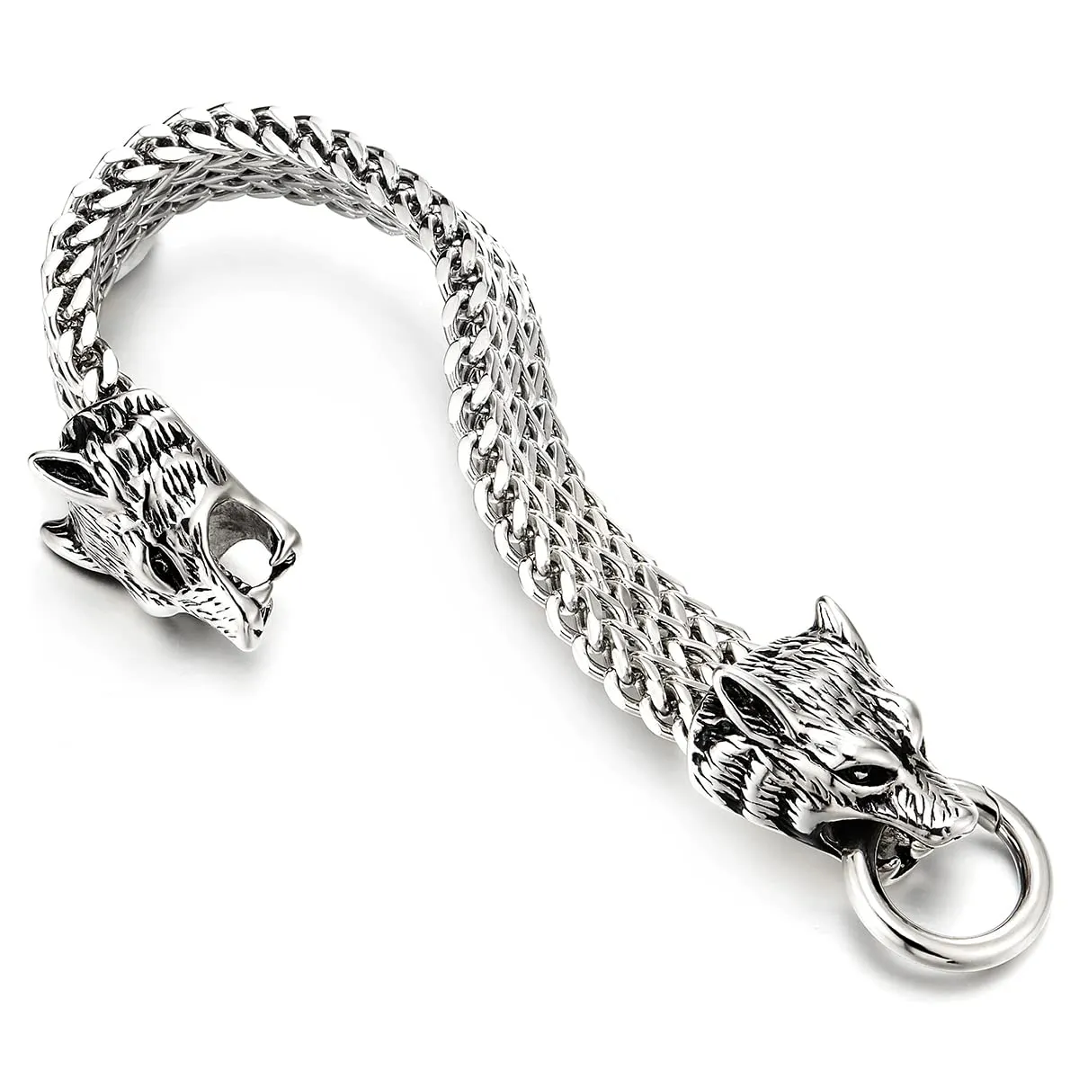 COOLSTEELANDBEYOND Biker Mens Stainless Steel Wolf Head Franco Link Curb Chain Bracelet with Spring Ring Clasp