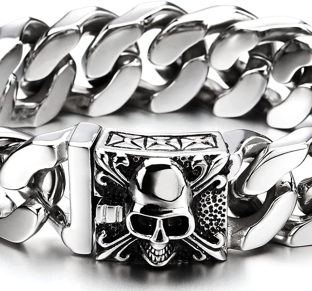 COOLSTEELANDBEYOND Mens Large Vintage Brushed Finishing Steel Curb Chain Bracelet with Fleur De Lis and Skull