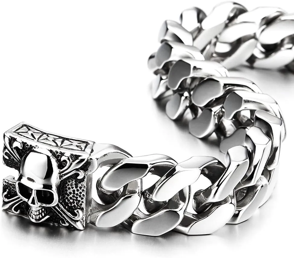 COOLSTEELANDBEYOND Mens Large Vintage Brushed Finishing Steel Curb Chain Bracelet with Fleur De Lis and Skull