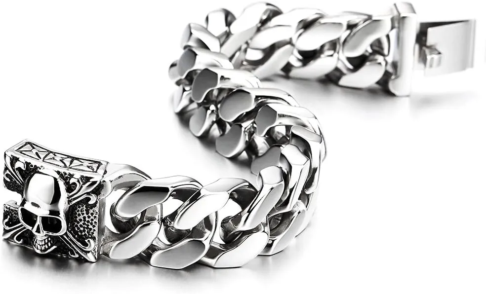 COOLSTEELANDBEYOND Mens Large Vintage Brushed Finishing Steel Curb Chain Bracelet with Fleur De Lis and Skull