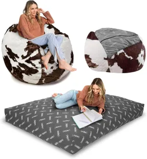 CordaRoy's Faux Fur Bean Bag-Convertible Bean Bag Chair & Bed-Machine-Washable Faux Fur Fabric Cover for Basement, Living Room, Game Room, Dorm & More - Full Size - Cow Pattern | Made in The USA