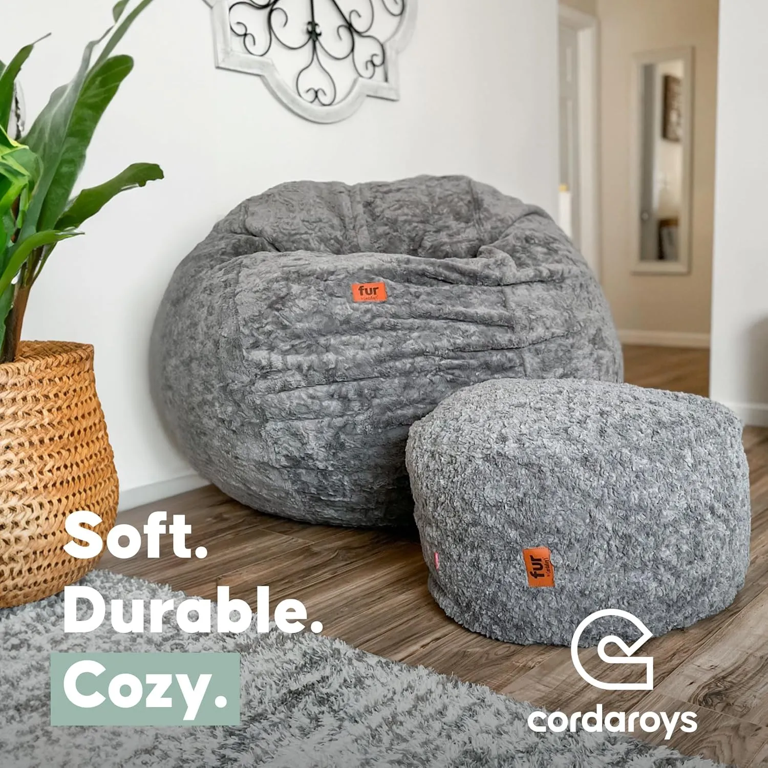CordaRoy's Faux Fur Bean Bag-Convertible Bean Bag Chair & Bed-Machine-Washable Faux Fur Fabric Cover for Basement, Living Room, Game Room, Dorm & More - Full Size - Cow Pattern | Made in The USA