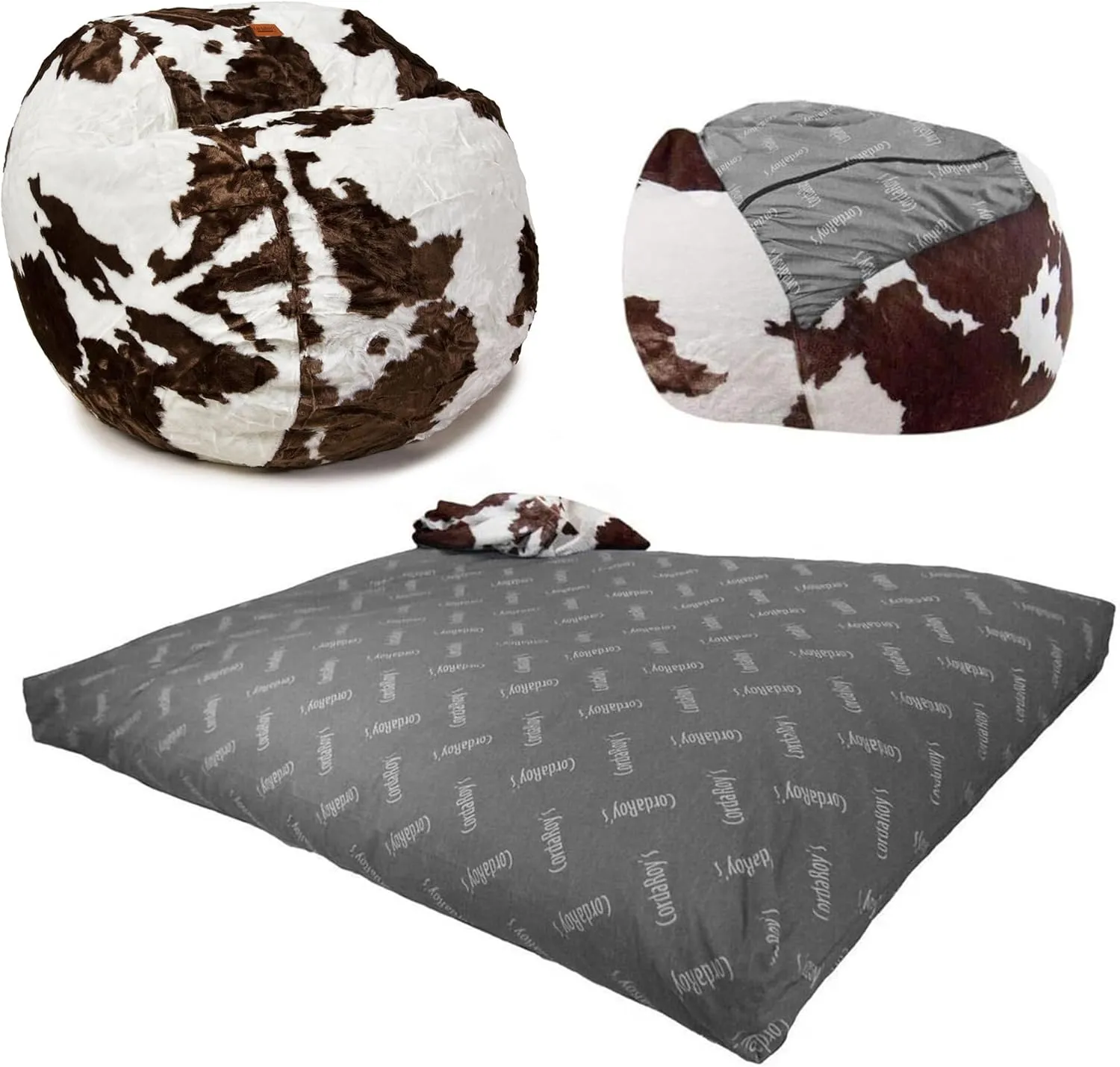 CordaRoy's Faux Fur Bean Bag-Convertible Bean Bag Chair & Bed-Machine-Washable Faux Fur Fabric Cover for Basement, Living Room, Game Room, Dorm & More - King Size - Cow Pattern | Made in The USA