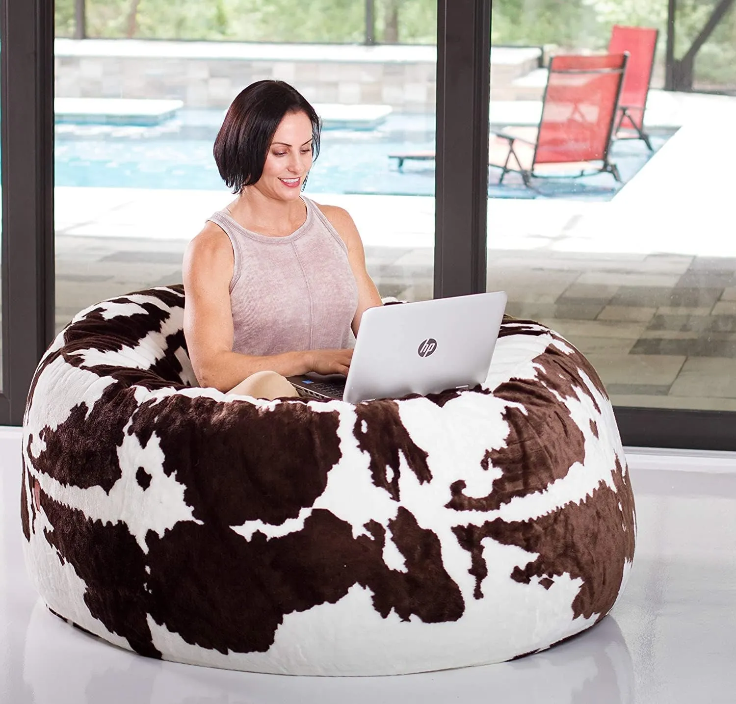 CordaRoy's Faux Fur Bean Bag-Convertible Bean Bag Chair & Bed-Machine-Washable Faux Fur Fabric Cover for Basement, Living Room, Game Room, Dorm & More - King Size - Cow Pattern | Made in The USA