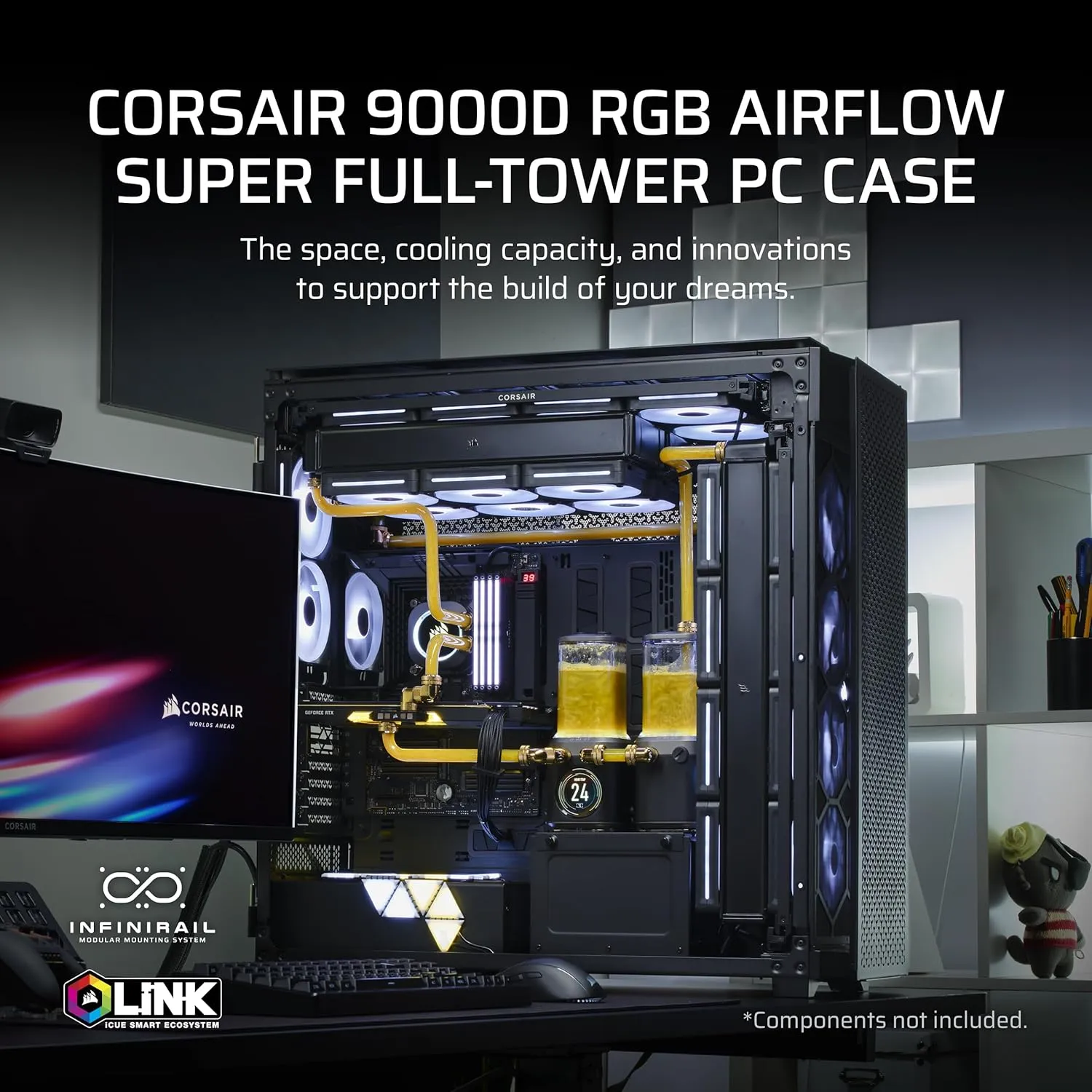 Corsair 9000D RGB Airflow Super Full-Tower PC Case – Fits up to 18x 120mm, 7X 140mm, or 4X 200mm Fans – InfiniRail™ Fan Mounting – iCUE Link System Hub Included – No Fans Included – Black