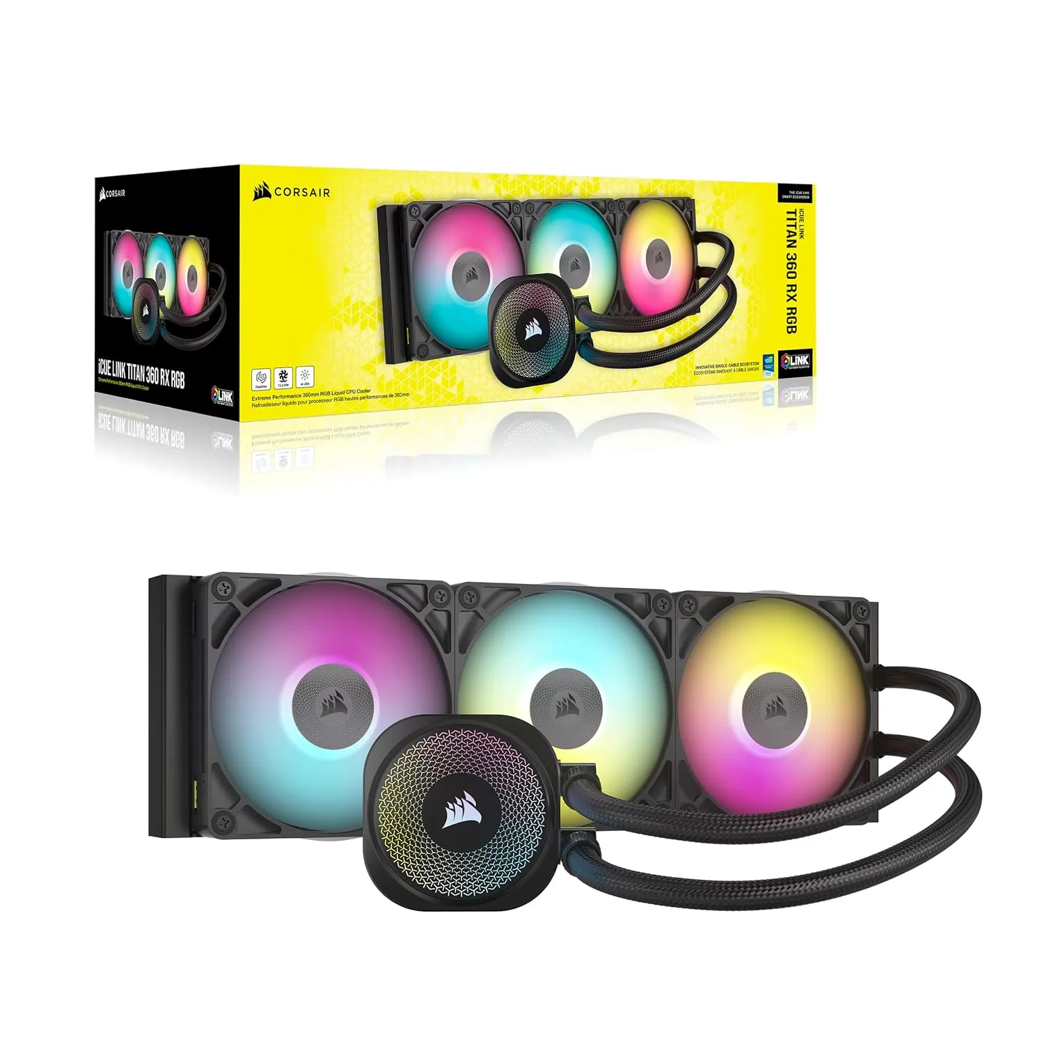 CORSAIR iCUE Link Titan 360 RX RGB Liquid CPU Cooler – 360mm AIO – Low-Noise – FlowDrive Cooling Engine – Intel LGA 1851/1700, AMD AM5/AM4 – 3X RX120 RGB Fans – iCUE Link System Hub Included – Black
