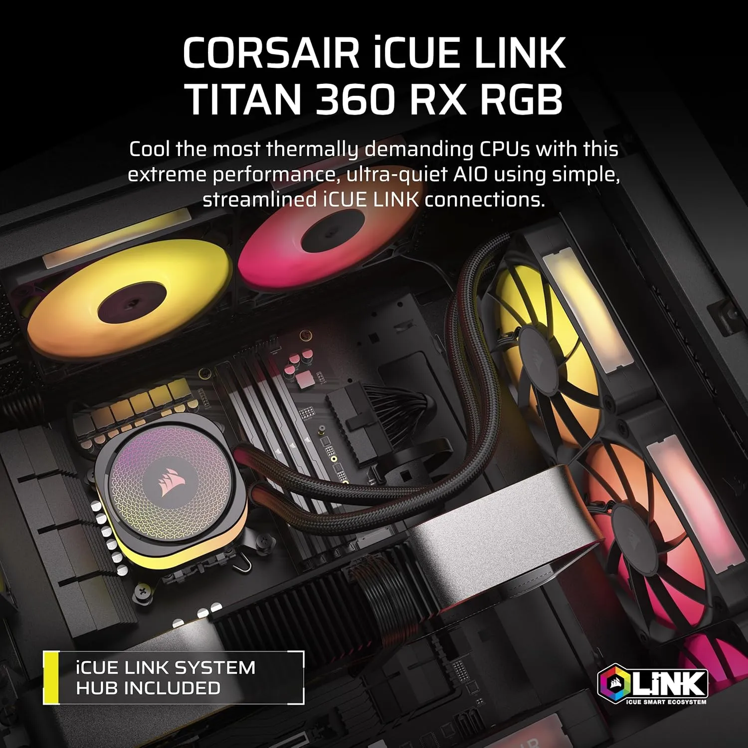 CORSAIR iCUE Link Titan 360 RX RGB Liquid CPU Cooler – 360mm AIO – Low-Noise – FlowDrive Cooling Engine – Intel LGA 1851/1700, AMD AM5/AM4 – 3X RX120 RGB Fans – iCUE Link System Hub Included – Black