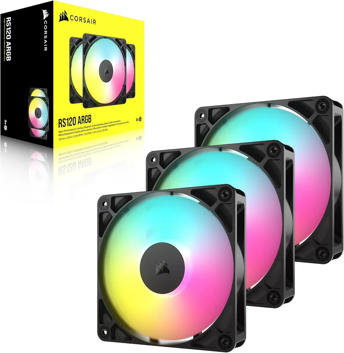 CORSAIR RS120 ARGB 120mm PWM Fans – Daisy-Chain Connection – Low-Noise – Magnetic Dome Bearing – Triple Pack – Black