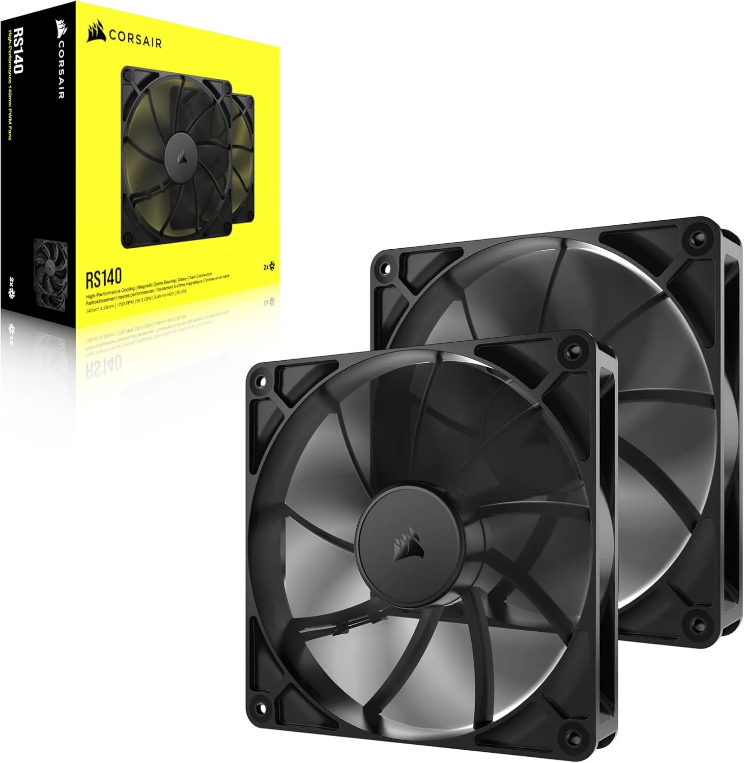 CORSAIR RS140 140mm PWM Fans – Daisy-Chain Connection – Low-Noise – Magnetic Dome Bearing – Dual Pack – Black
