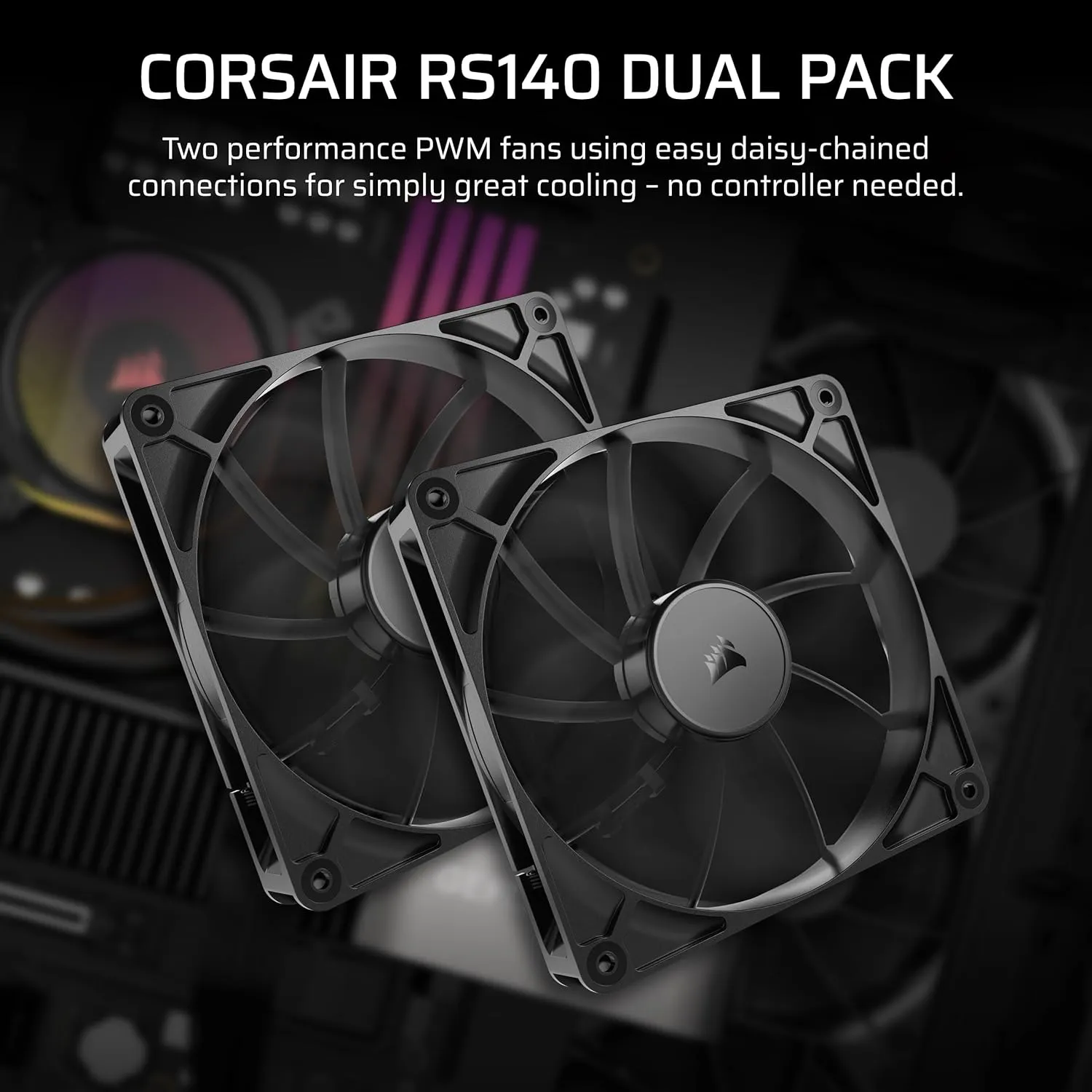 CORSAIR RS140 140mm PWM Fans – Daisy-Chain Connection – Low-Noise – Magnetic Dome Bearing – Dual Pack – Black