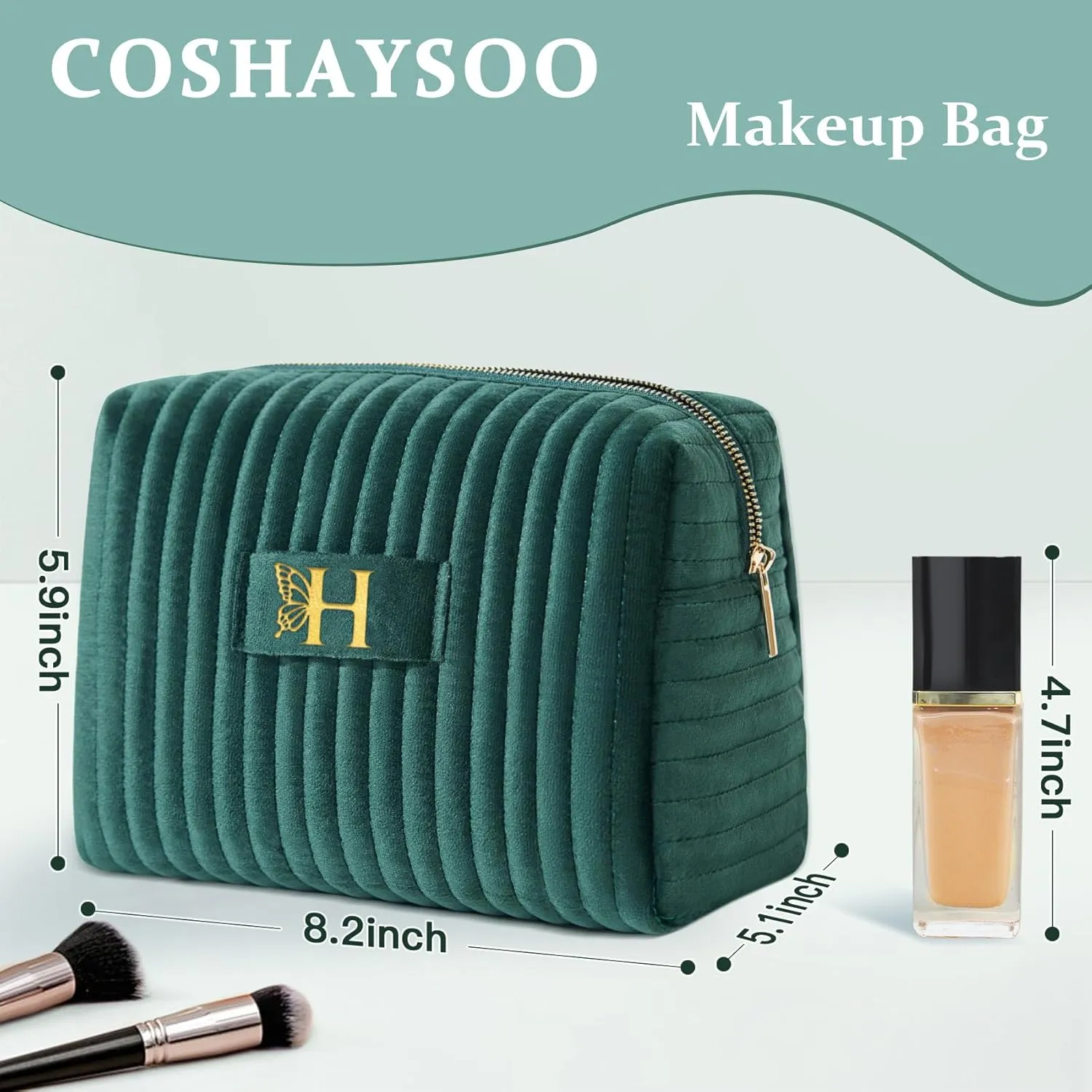 COSHAYSOO Easter Basket Stuffers Essentials Gifts for Women Quilted Makeup Bag Make Up Cosmetic Pouch Travel Size Skin Care Toiletries Lip Balm Gloss Liner Oil Tint Organizer Green Initial Letter H