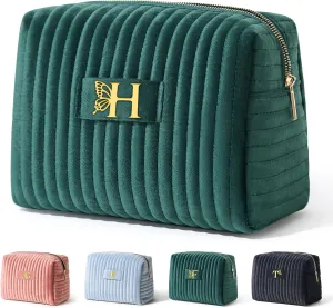 COSHAYSOO Easter Basket Stuffers Essentials Gifts for Women Quilted Makeup Bag Make Up Cosmetic Pouch Travel Size Skin Care Toiletries Lip Balm Gloss Liner Oil Tint Organizer Green Initial Letter H