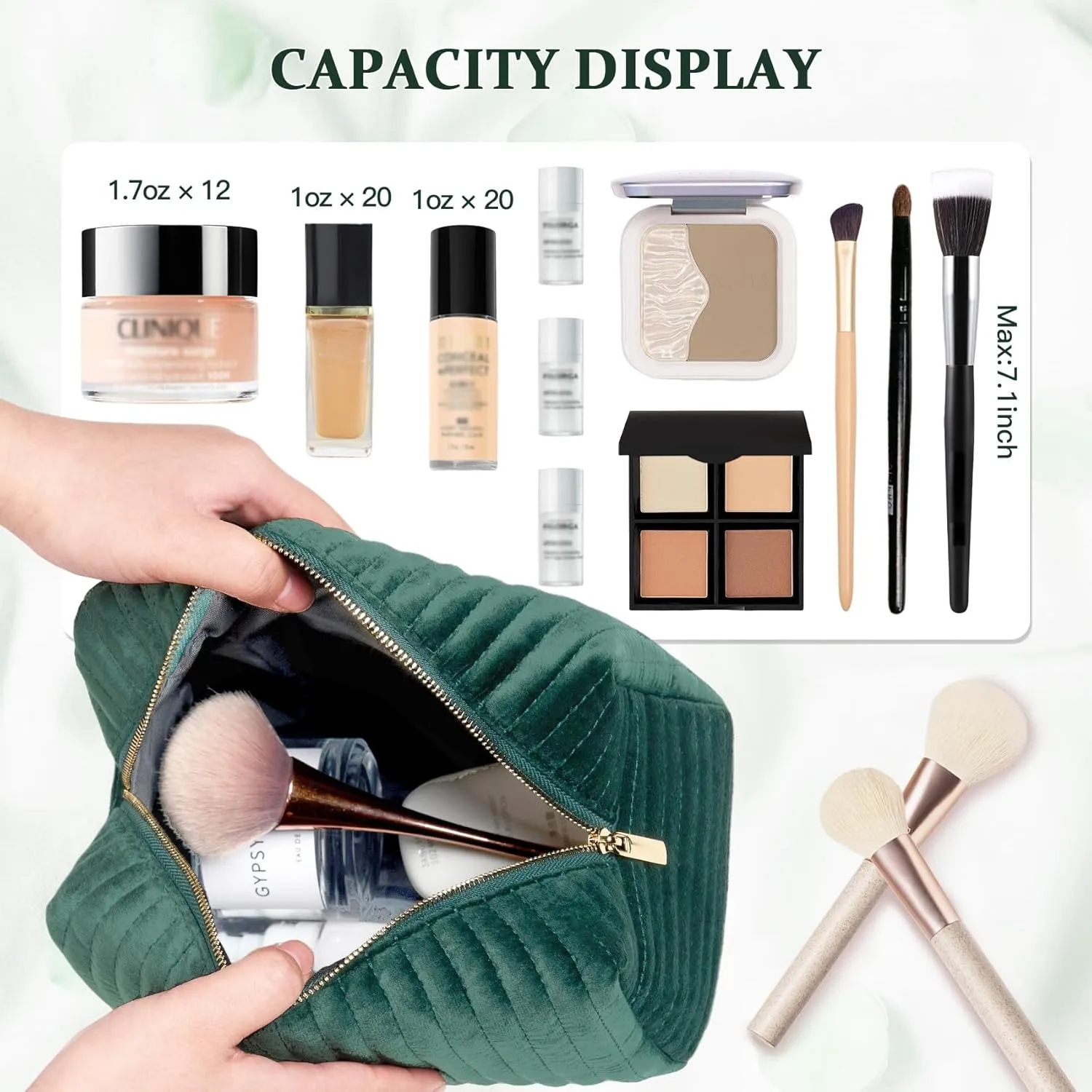 COSHAYSOO Easter Basket Stuffers Essentials Gifts for Women Quilted Makeup Bag Make Up Cosmetic Pouch Travel Size Skin Care Toiletries Lip Balm Gloss Liner Oil Tint Organizer Green Initial Letter H