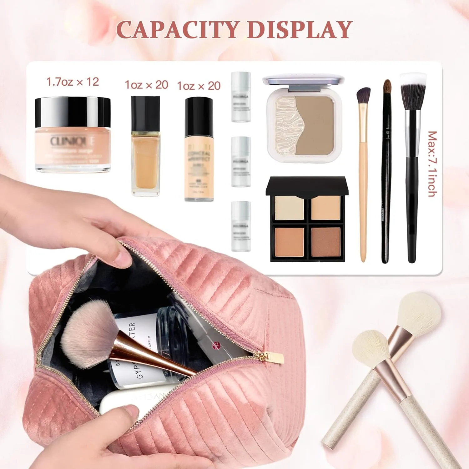 COSHAYSOO Easter Basket Stuffers Essentials Gifts for Women Quilted Makeup Bag Make Up Cosmetic Pouch Travel Size Skin Care Toiletries Lip Balm Gloss Liner Oil Tint Organizer Pink Initial Letter H