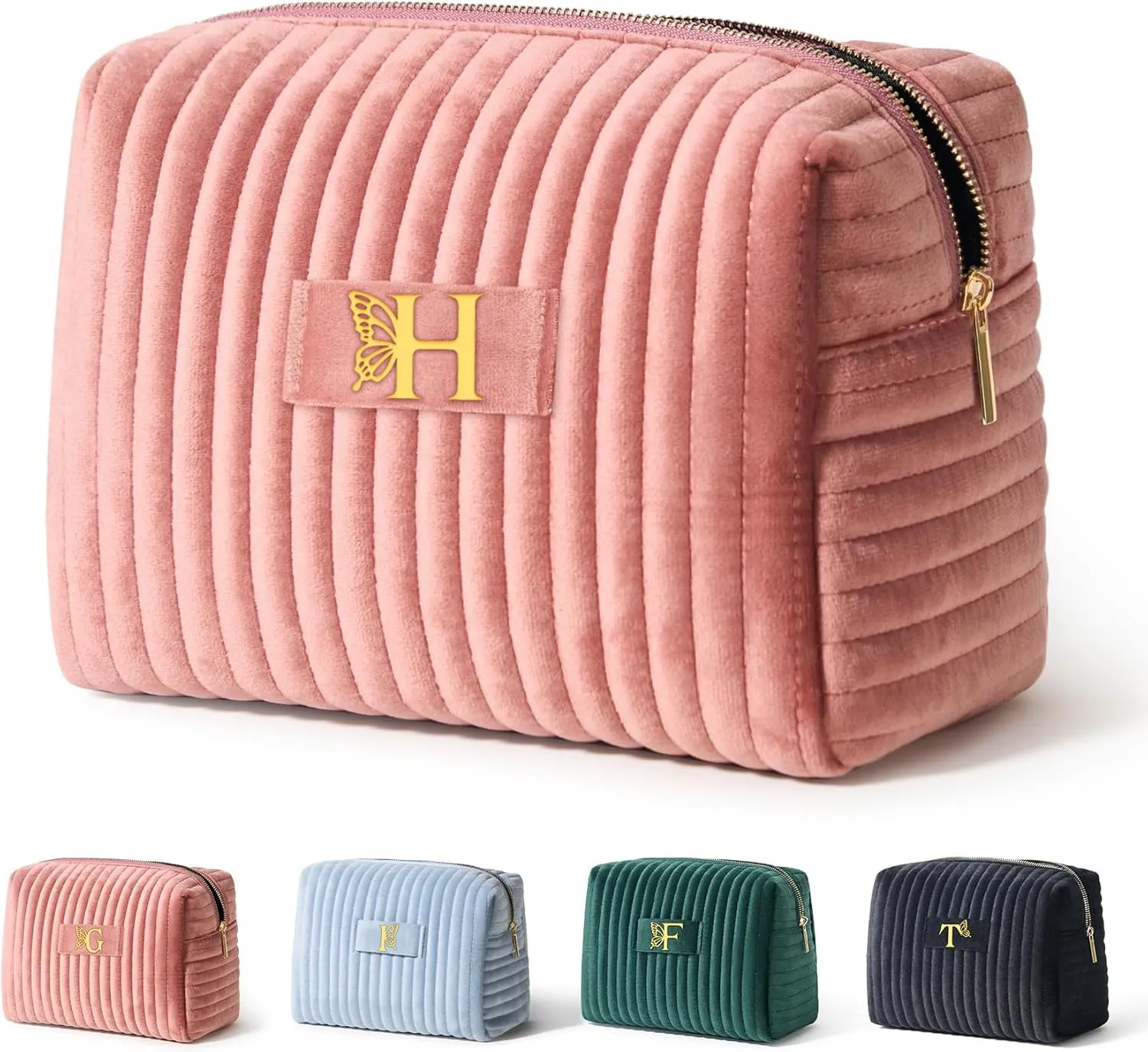 COSHAYSOO Easter Basket Stuffers Essentials Gifts for Women Quilted Makeup Bag Make Up Cosmetic Pouch Travel Size Skin Care Toiletries Lip Balm Gloss Liner Oil Tint Organizer Pink Initial Letter H