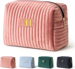 COSHAYSOO Easter Basket Stuffers Essentials Gifts for Women Quilted Makeup Bag Make Up Cosmetic Pouch Travel Size Skin Care Toiletries Lip Balm Gloss Liner Oil Tint Organizer Pink Initial Letter H