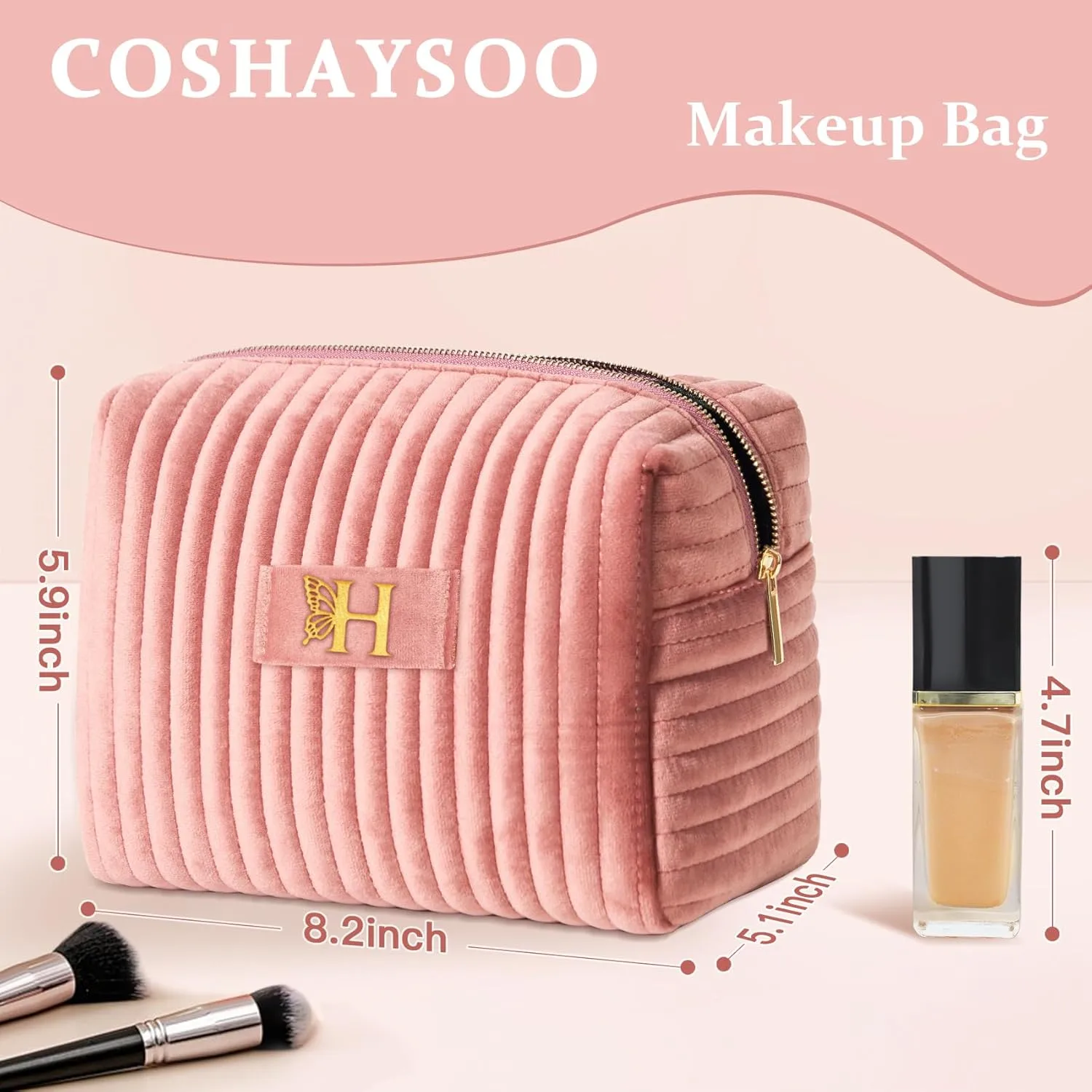 COSHAYSOO Easter Basket Stuffers Essentials Gifts for Women Quilted Makeup Bag Make Up Cosmetic Pouch Travel Size Skin Care Toiletries Lip Balm Gloss Liner Oil Tint Organizer Pink Initial Letter H