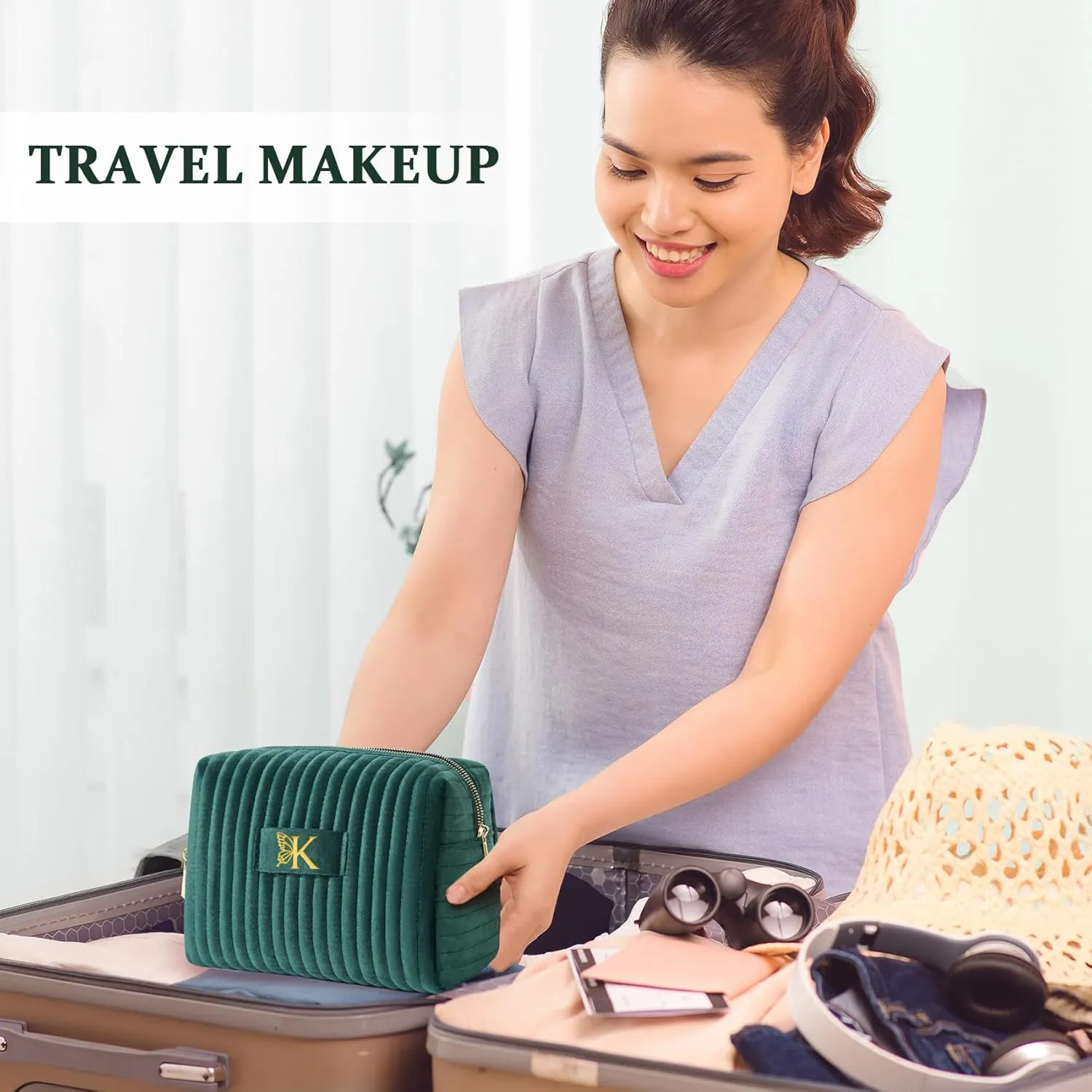 COSHAYSOO Mom Birthday Gifts Easter Mothers Day Gift Ideas for Mama Grandma New Mommy from Daughter Travel Makeup Bag Quilted Make Up Cosmetic Pouch Cool Aesthetic Monogram Green Initial Letter A