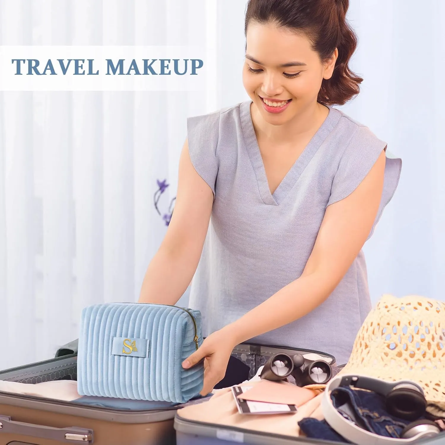 COSHAYSOO Mom Birthday Gifts Mothers Day Gift Ideas for Mama Grandma New Mommy from Daughter Travel Makeup Bag Quilted Make Up Cosmetic Pouch Cool Aesthetic Monogram Blue Velvet Initial Letter S
