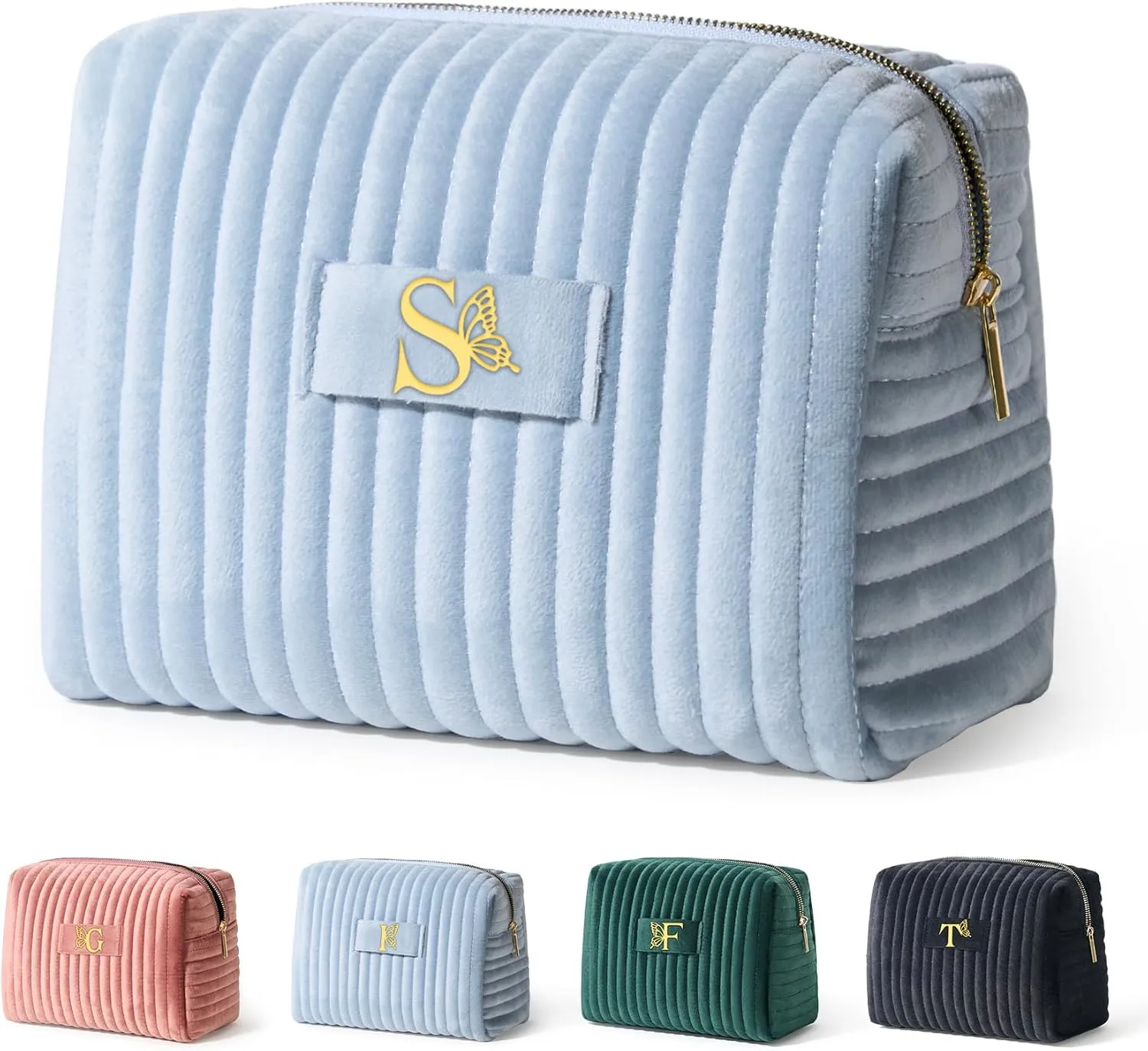 COSHAYSOO Mom Birthday Gifts Mothers Day Gift Ideas for Mama Grandma New Mommy from Daughter Travel Makeup Bag Quilted Make Up Cosmetic Pouch Cool Aesthetic Monogram Blue Velvet Initial Letter S