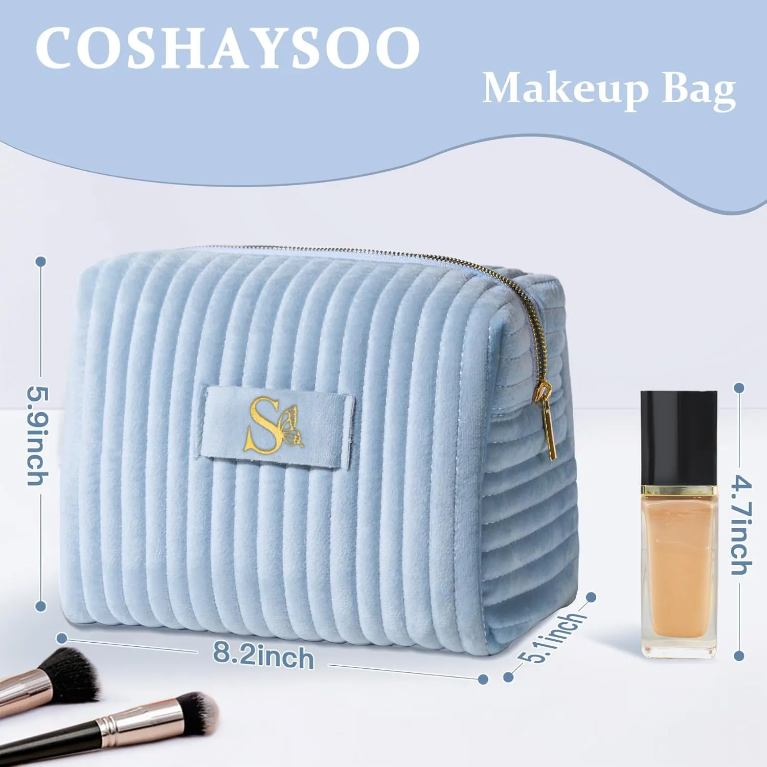 COSHAYSOO Mom Birthday Gifts Mothers Day Gift Ideas for Mama Grandma New Mommy from Daughter Travel Makeup Bag Quilted Make Up Cosmetic Pouch Cool Aesthetic Monogram Blue Velvet Initial Letter S