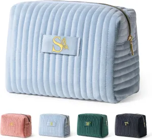 COSHAYSOO Mom Birthday Gifts Mothers Day Gift Ideas for Mama Grandma New Mommy from Daughter Travel Makeup Bag Quilted Make Up Cosmetic Pouch Cool Aesthetic Monogram Blue Velvet Initial Letter S