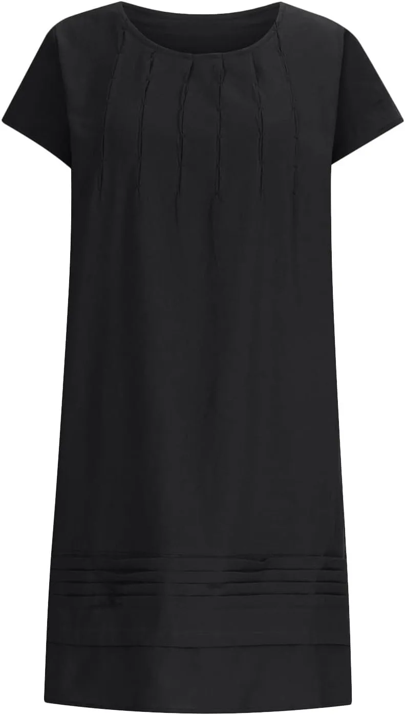 Cotton and Linen Dresses for Women Casual Summer 2023 Loose Cap Sleeve Square Neck Comfy Midi t-Shirt Sun Dress