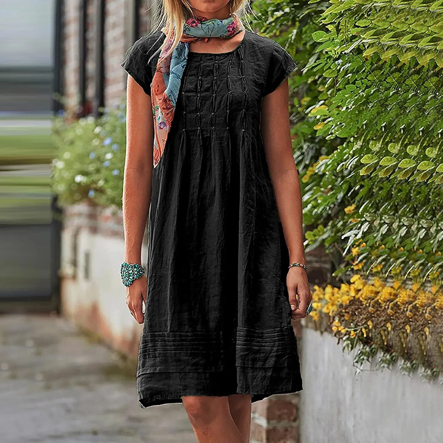 Cotton and Linen Dresses for Women Casual Summer 2023 Loose Cap Sleeve Square Neck Comfy Midi t-Shirt Sun Dress