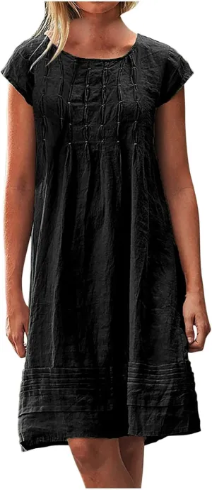Cotton and Linen Dresses for Women Casual Summer 2023 Loose Cap Sleeve Square Neck Comfy Midi t-Shirt Sun Dress
