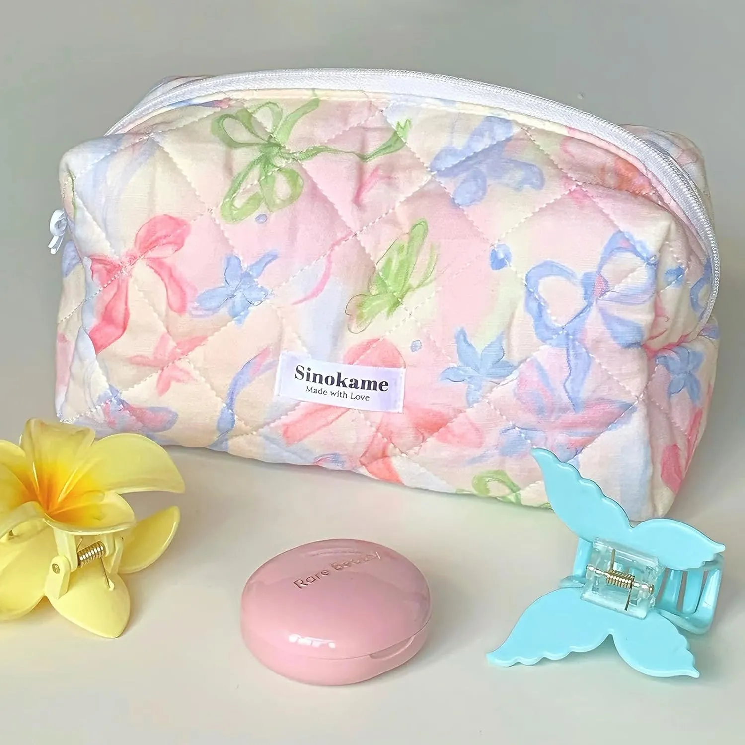 Cotton Quilted Makeup Bag Small, Bow Coquette Aesthetic Cosmetic Bag Case Travel Storage Skincare Bag Brush Organizer for Women,Coquette Girl