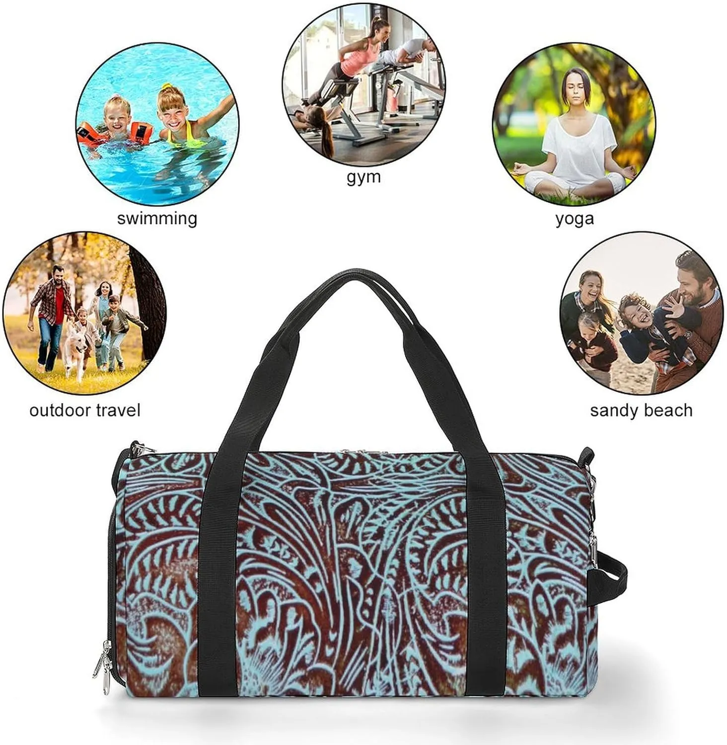 Country Teal Brown Western Rustic Tooled Cowboy A Fitness Bag with Large Storage Space Is Suitable for Portable Outdoor Use