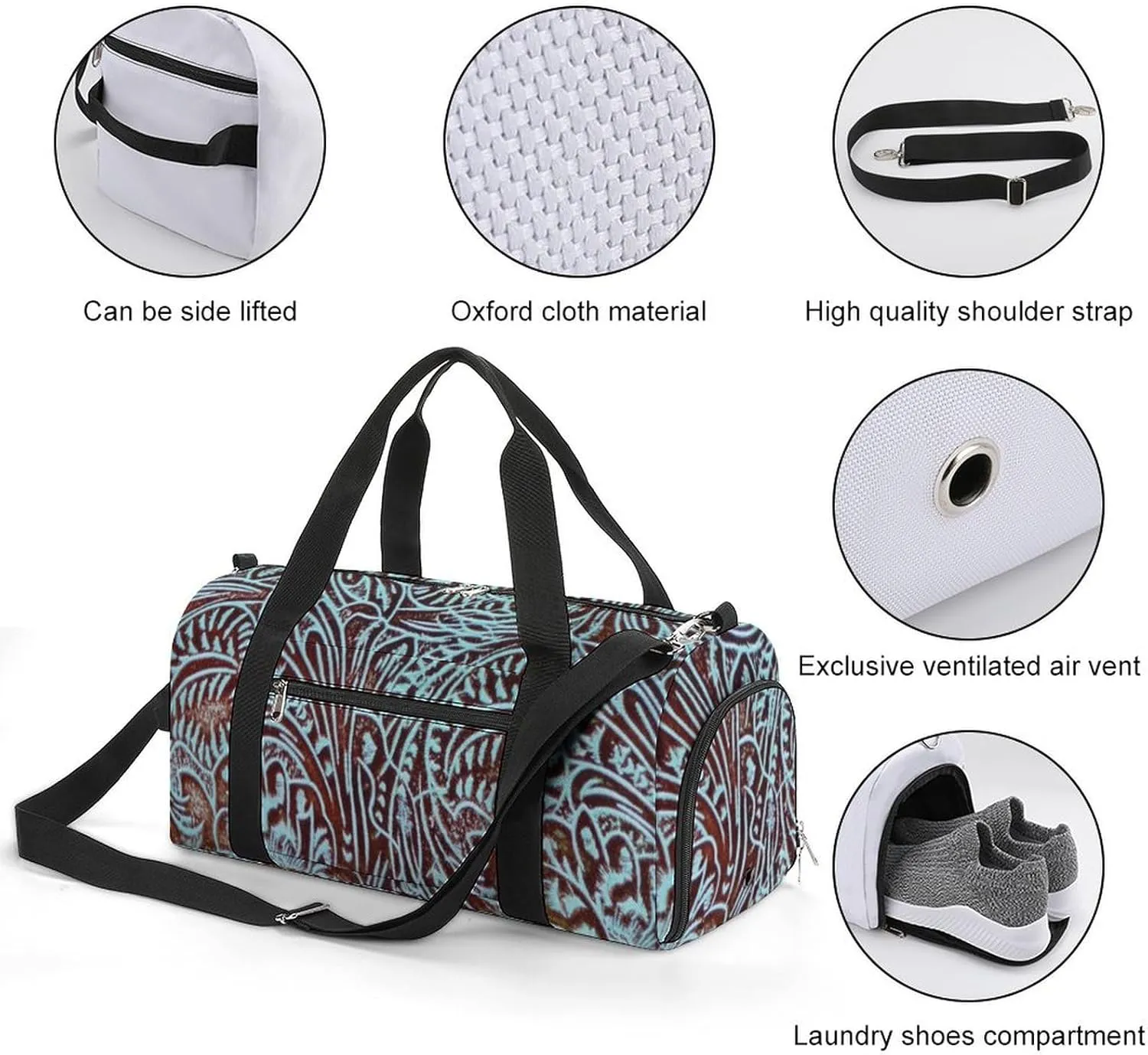 Country Teal Brown Western Rustic Tooled Cowboy A Fitness Bag with Large Storage Space Is Suitable for Portable Outdoor Use