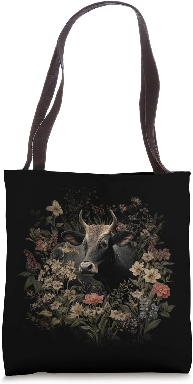 Cow Among Wildflowers Pastoral Scene Tote Bag