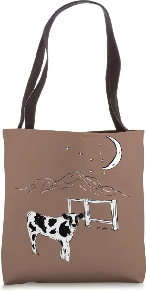 Cow in Pasture with Mountains, Moon and Stars for Cowboy Tote Bag