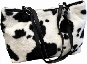 Cow Print Fuzzy Fluffy Shoulder Tote Bag For Women, Furry Purse Large Cute Plush Bag Ladies Faux Fur Bag, Handbag For Winter