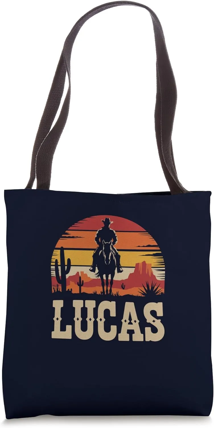 Cowboy Lucas Personalized Name Retro Desert Sunset Western Tote Bag