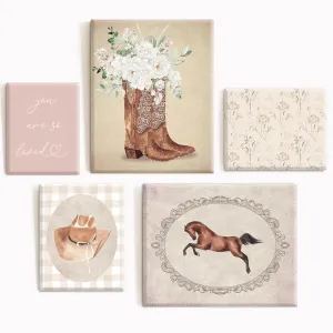 Cowgirl Nursery Wall Art Coquette Western Girl Poster Vintage Horse Floral Canvas Pictures Aesthetic Pink Preppy Room Wall Decor Rustic Cowgirl Prints for Girls Bedroom 8x10x5 Inch Framed