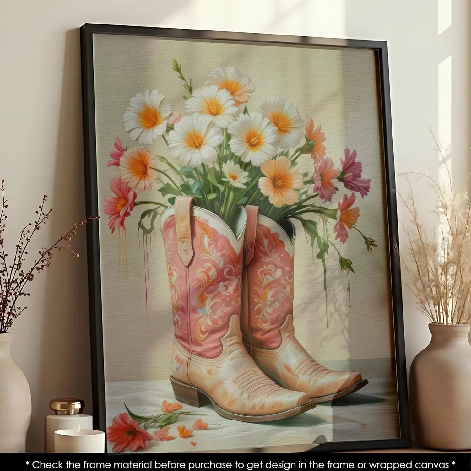 Cowgirl Wall Art Print, Pink Western Boots with Flowers, Cowgirl Room Decor for Teen Girls, Cowgirl Aesthetic Wall Picture, Country Girl Wall Decor (8x10, Wrapped Canvas)