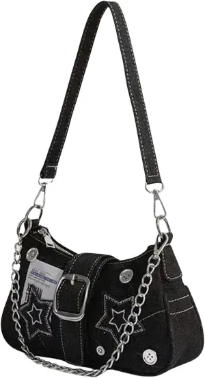COZYEASE Women's Star Chain Denim Bag Button Buckle Canvas Bag Y2K Shoulder Bag Small Hobo Bag