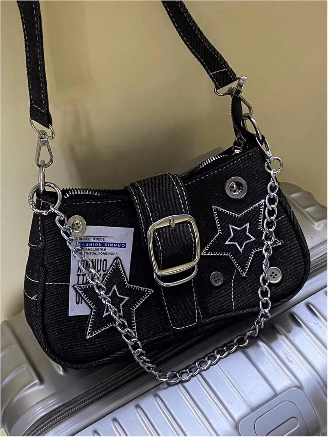 COZYEASE Women's Star Chain Denim Bag Button Buckle Canvas Bag Y2K Shoulder Bag Small Hobo Bag