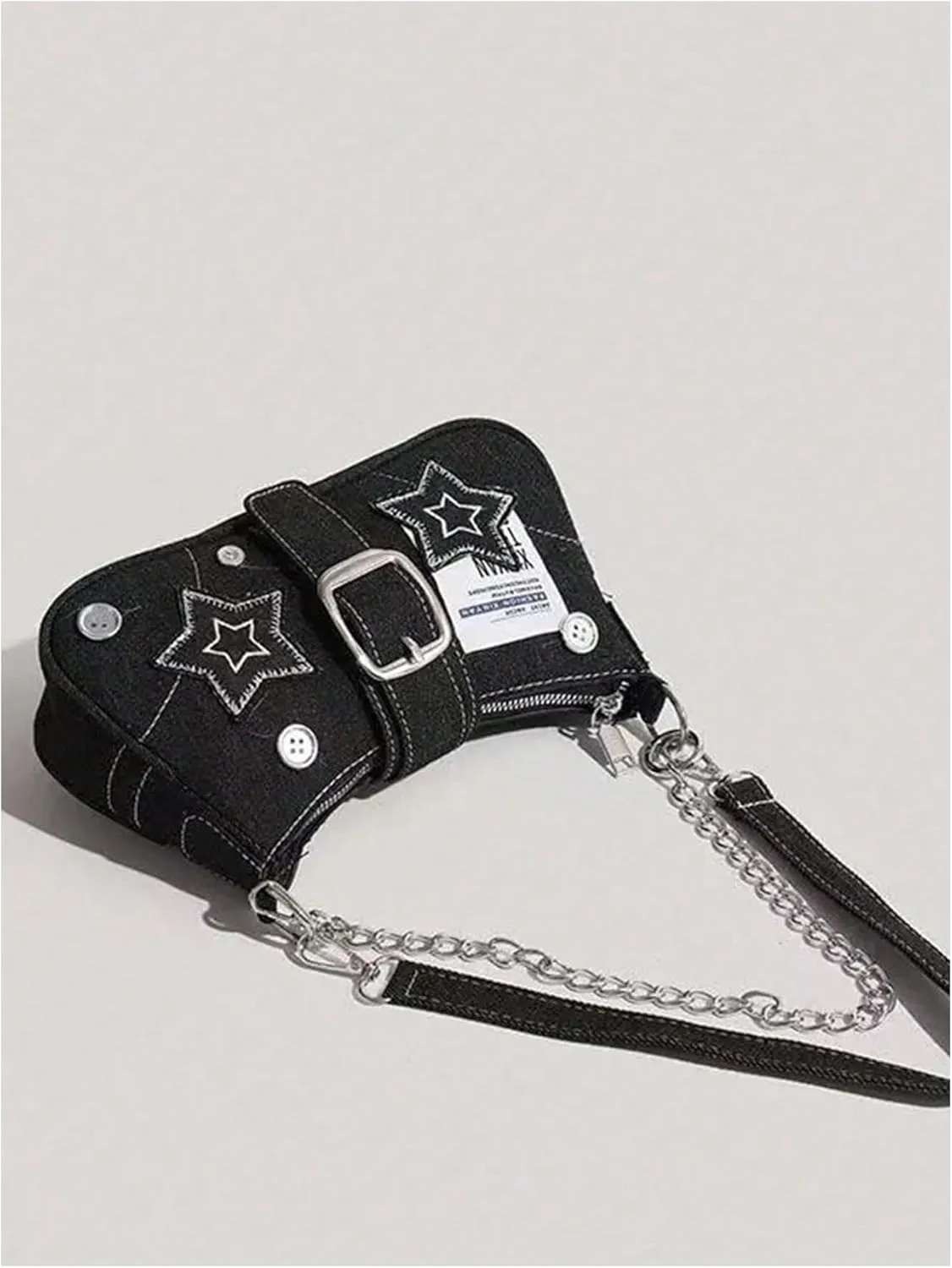 COZYEASE Women's Star Chain Denim Bag Button Buckle Canvas Bag Y2K Shoulder Bag Small Hobo Bag