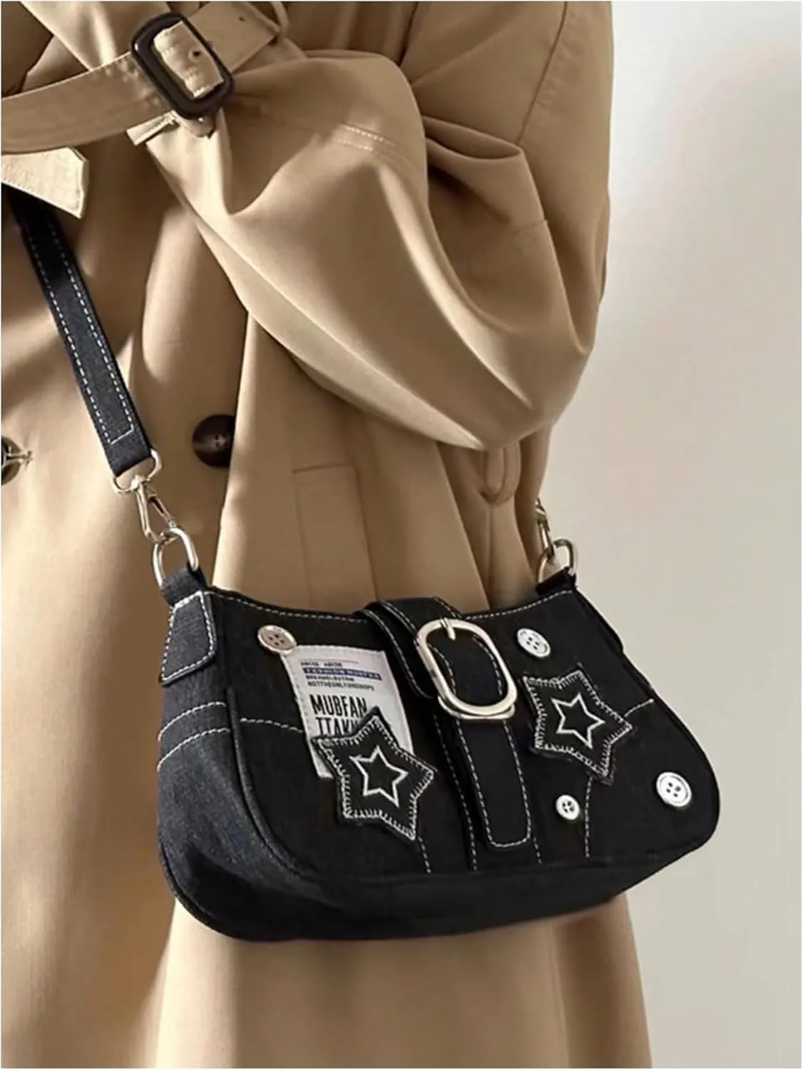 COZYEASE Women's Star Chain Denim Bag Button Buckle Canvas Bag Y2K Shoulder Bag Small Hobo Bag