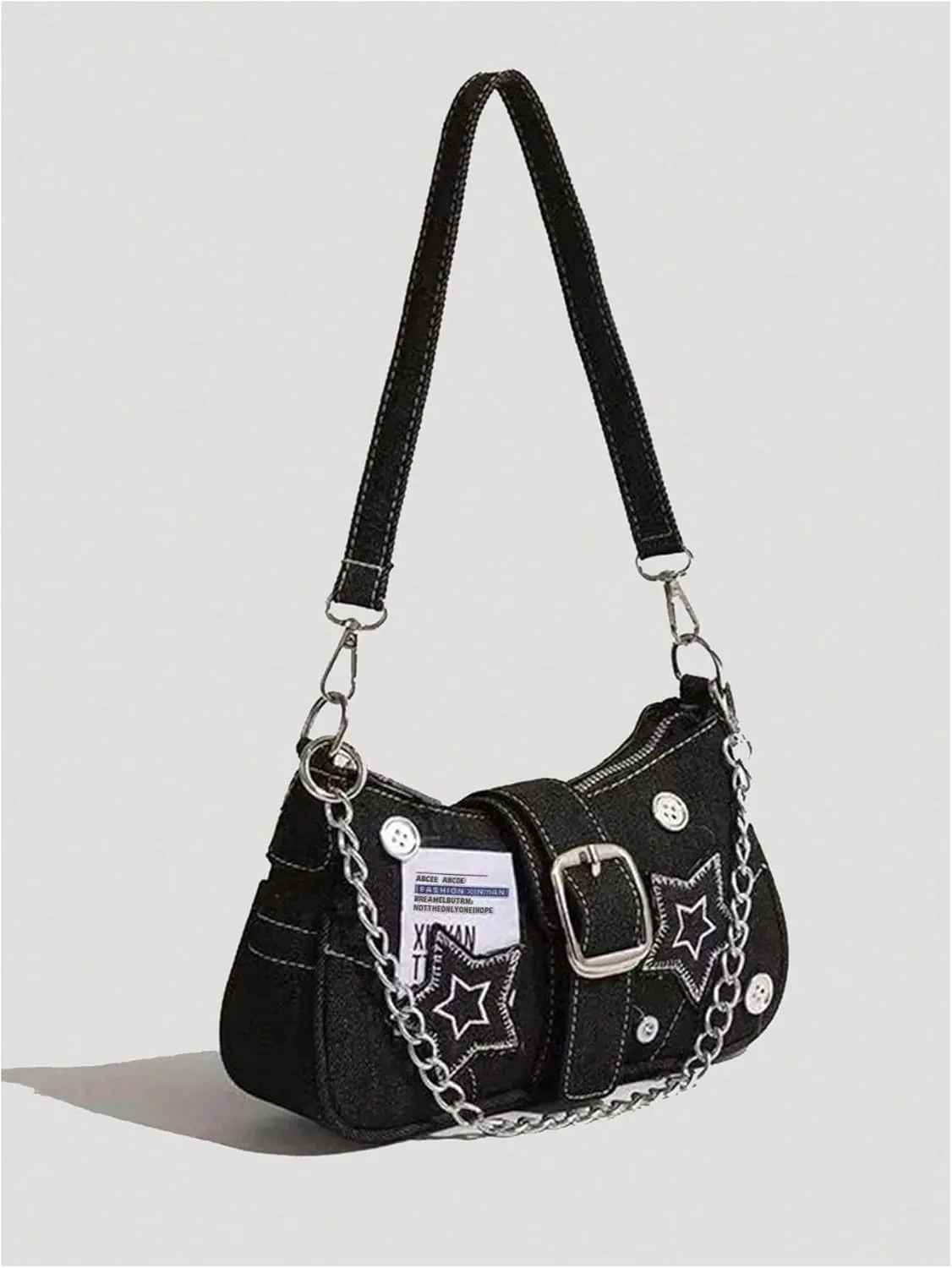 COZYEASE Women's Star Chain Denim Bag Button Buckle Canvas Bag Y2K Shoulder Bag Small Hobo Bag
