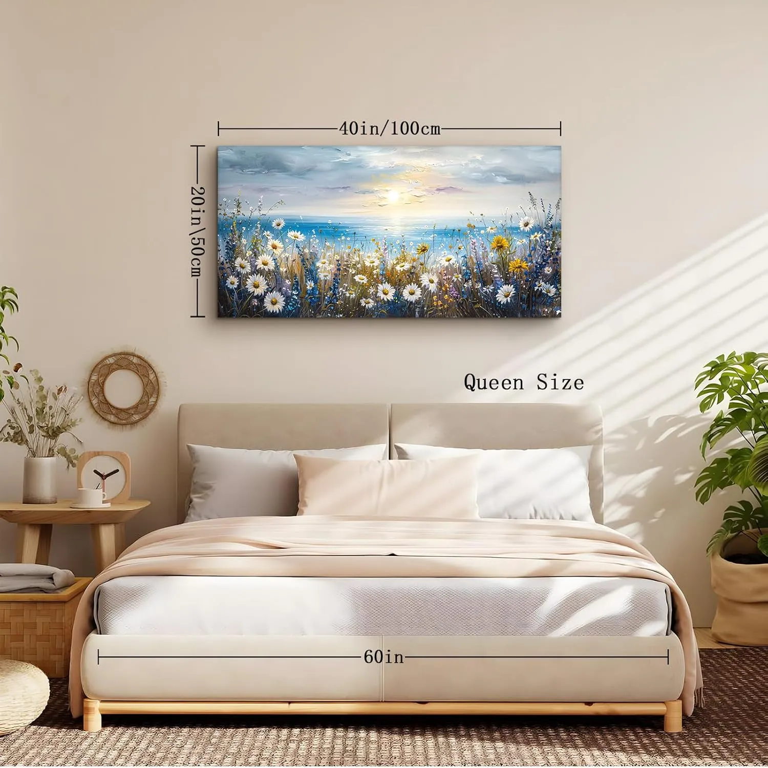 crmotu Coastal Daisy Flower Wall Art, Seaside Sunset Landscape Large Artwork, Beach Wildflower Rustic Pictures Canvas Prints, Seascape Blue Paintings Wall Decor Living Room Bedroom Kitchen 20X40 In