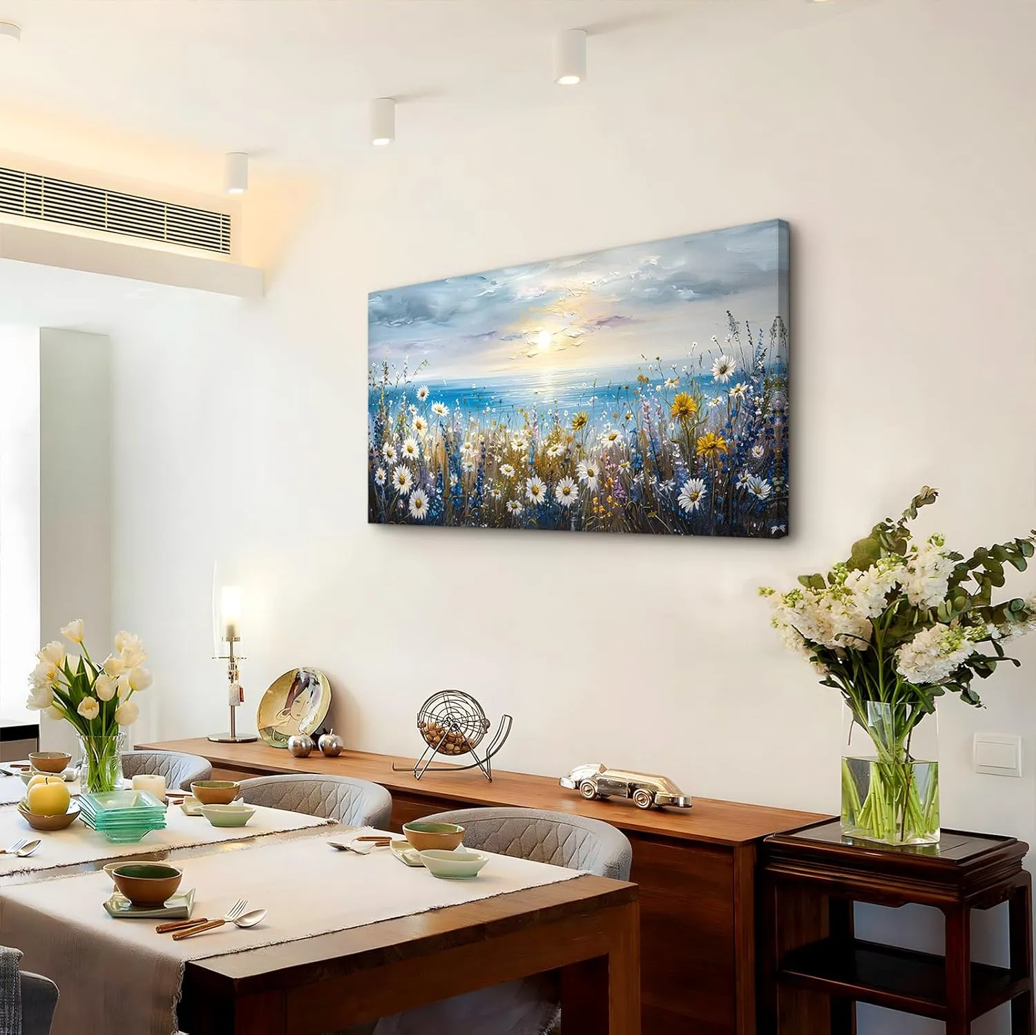 crmotu Coastal Daisy Flower Wall Art, Seaside Sunset Landscape Large Artwork, Beach Wildflower Rustic Pictures Canvas Prints, Seascape Blue Paintings Wall Decor Living Room Bedroom Kitchen 20X40 In