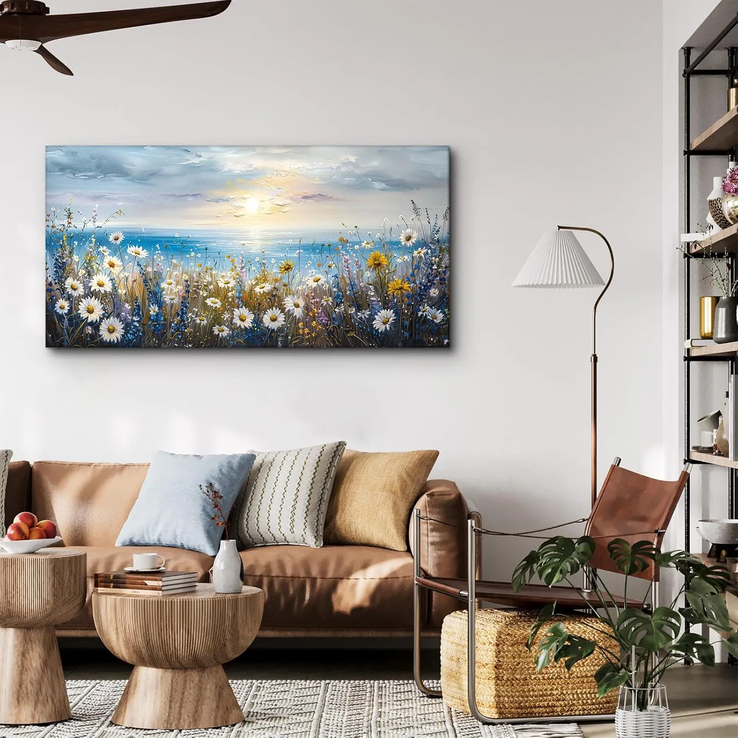 crmotu Coastal Daisy Flower Wall Art, Seaside Sunset Landscape Large Artwork, Beach Wildflower Rustic Pictures Canvas Prints, Seascape Blue Paintings Wall Decor Living Room Bedroom Kitchen 20X40 In