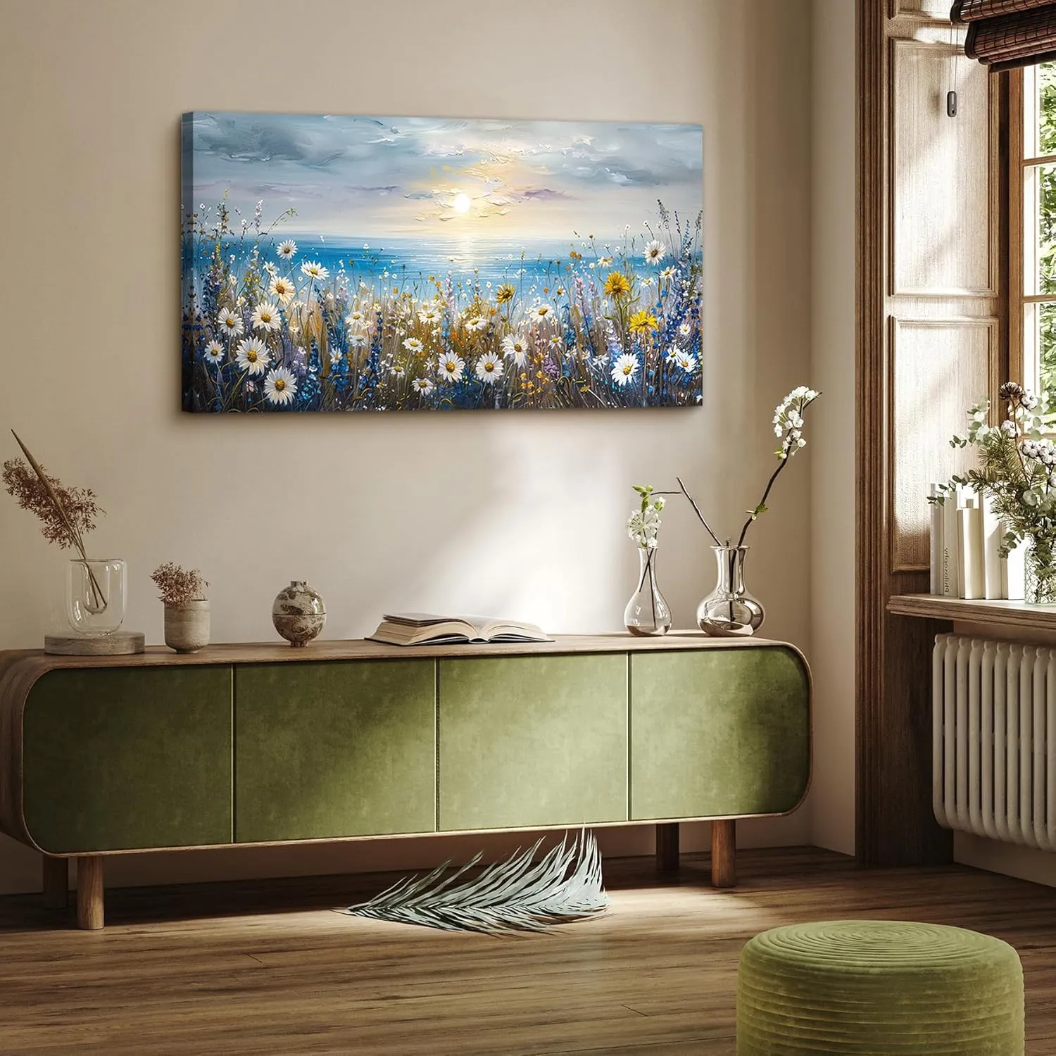 crmotu Coastal Daisy Flower Wall Art, Seaside Sunset Landscape Large Artwork, Beach Wildflower Rustic Pictures Canvas Prints, Seascape Blue Paintings Wall Decor Living Room Bedroom Kitchen 20X40 In