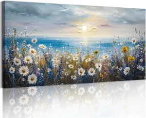 crmotu Coastal Daisy Flower Wall Art, Seaside Sunset Landscape Large Artwork, Beach Wildflower Rustic Pictures Canvas Prints, Seascape Blue Paintings Wall Decor Living Room Bedroom Kitchen 20X40 In
