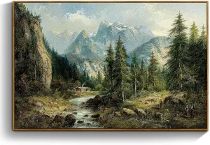 crmotu Landscape Framed Wall Art, Mountain Forest Canvas Art Prints, Pine Tree Vintage Oil Paintings, Riverside Rustic Farmhouse Decor Large Artwork, Wall Pictures for Living Room Bedroom 24x36in
